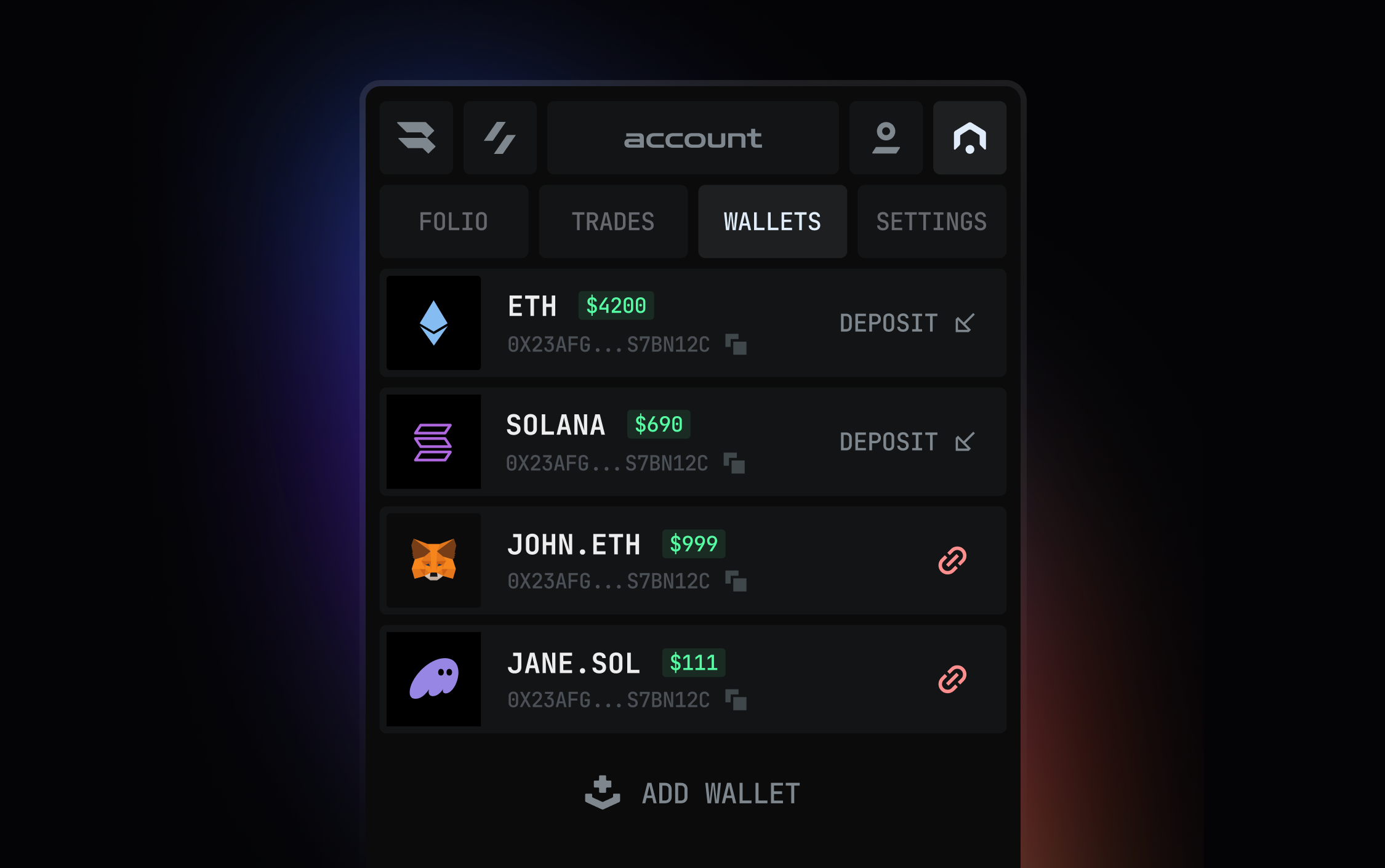 Deposit wallets screen